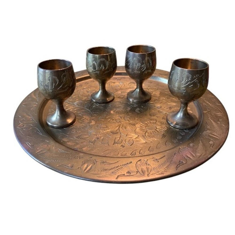 Vintage Brass Cordial Serving Tray & 4 Brass Shot Goblets Round Etched Barware